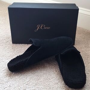 J Crew Faux Fur Lined Calf Suede Cozy Clog Mules Black Size 11M NIB